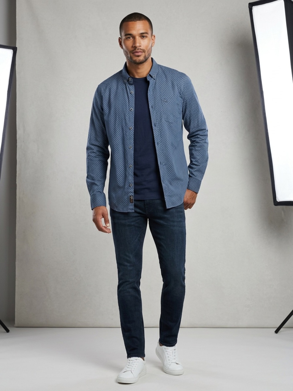 Men's Long-Sleeve Navy Microdot Button-Down Shirt